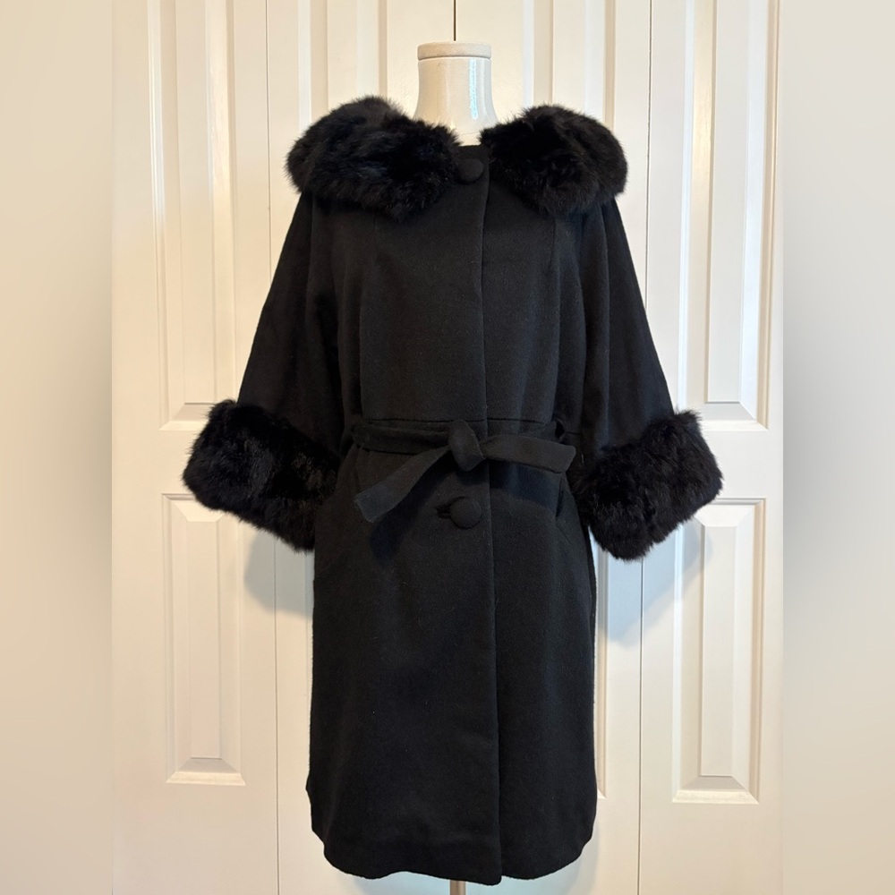 FABULOUS! FABULOUS! Vintage 50’s/60’s Black Wool Faux Fur Trim Coat, Size S, EUC